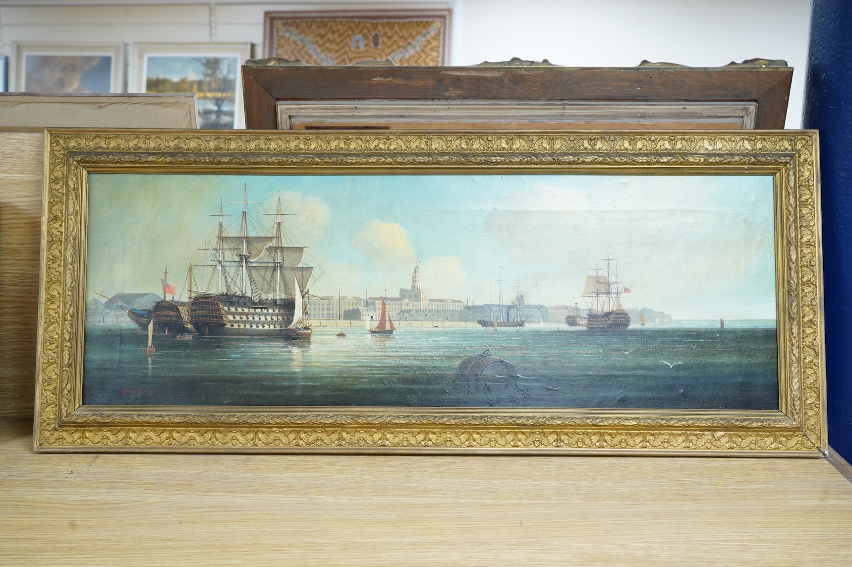 Brian Coole (1939-2022), Dockyard scene, probably Portsmouth, signed, oil on canvas, 25 x 25cm, gilt frame
